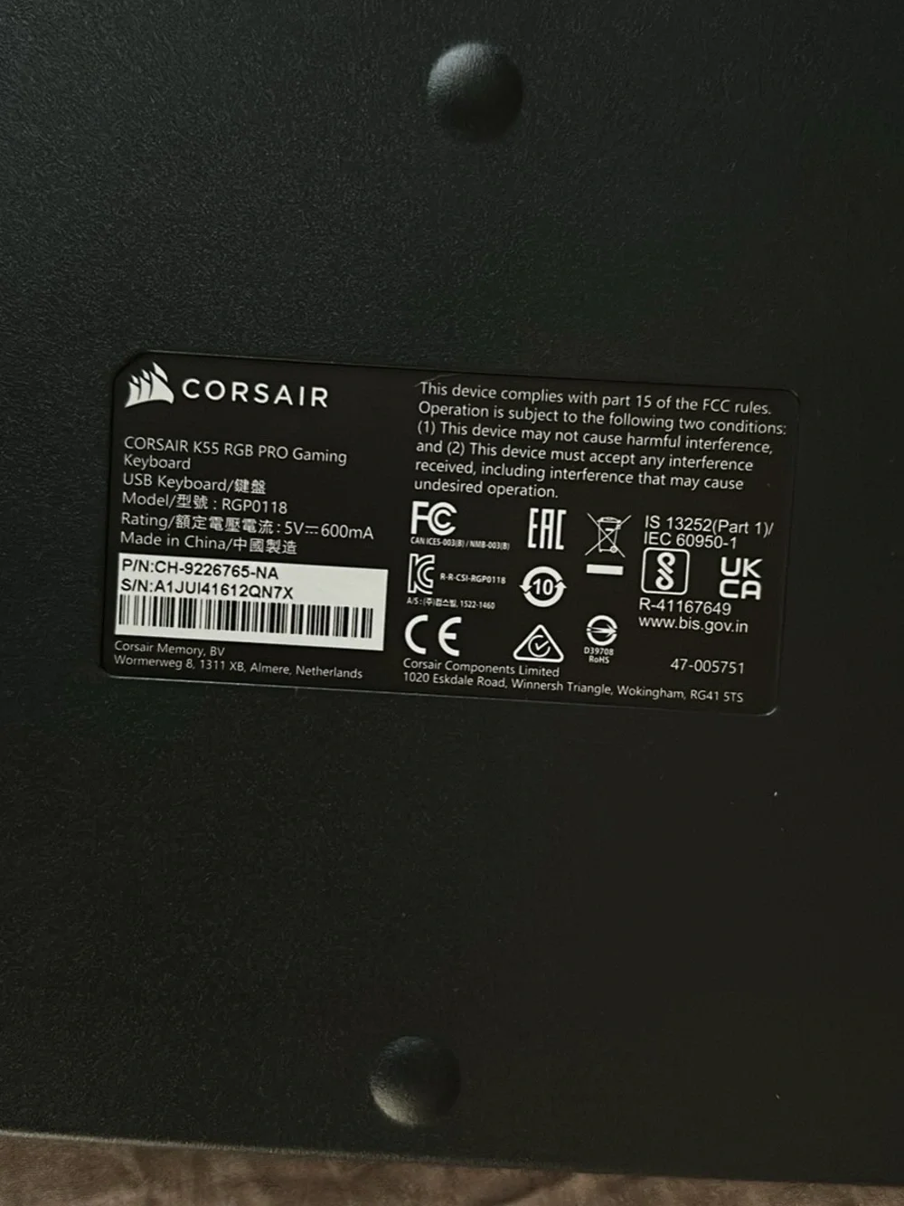 Corsair Black Keyboard with RGB Backlighting